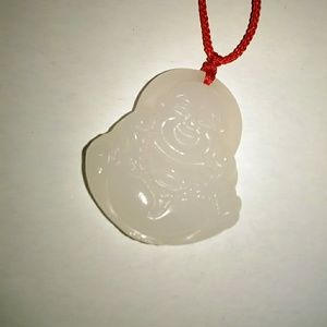 Smiling Old Buddha White Jade Pendant Necklace